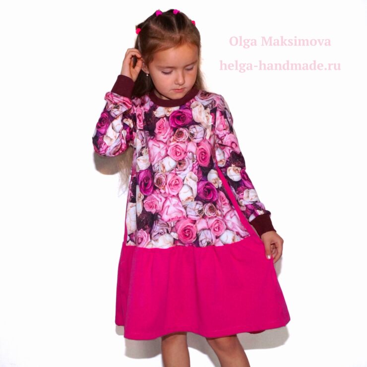 Детское платье Овесрайз с длинным рукавом / Принт розы