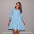 Платье с оборками и длинным рукавом / Голубое платье с V-образным вырезом из муслина