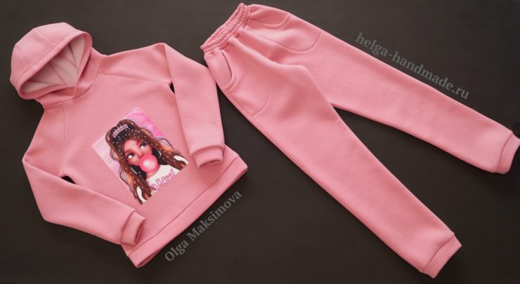 Теплый модный спортивный костюм из футера с начесом/ Розовый худи и брюки